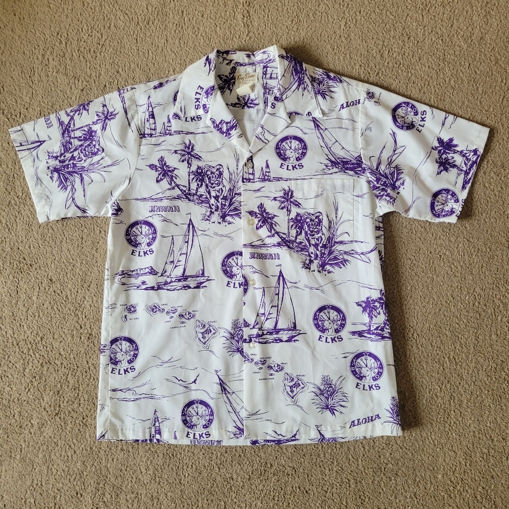 Vintage GUY ROMO Hawaiian Shirt Hawaii Elks 1960s Polyester Purple Medium